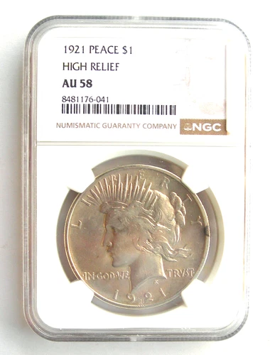 Certified NGC 1921 Peace Dollar High Relief NGC AU 58, US Coin