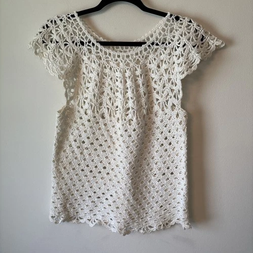 Women Sleeveless Crochet Top Medium Ivory Boho Beach Open Net Whimsy Hippie