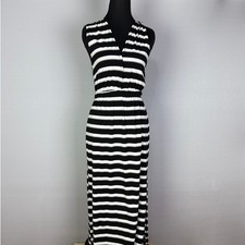 POOF New York Maxi Dress Black White Striped Sleeveless V Neck Summer Beach