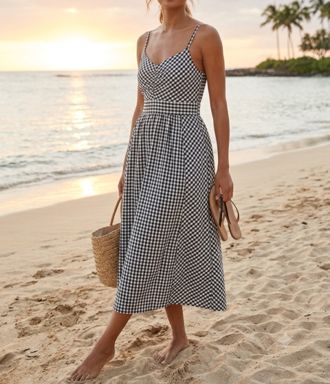 Evereve Gingham Black/White Smocked Midi Dress 100% Cotton Sz Small Cottagecore