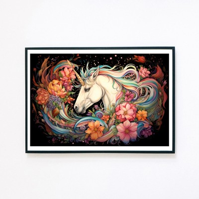 Einhorn magische Blumen Portrait Grafik Illustration A5 Wanddeko Kunstdruck 