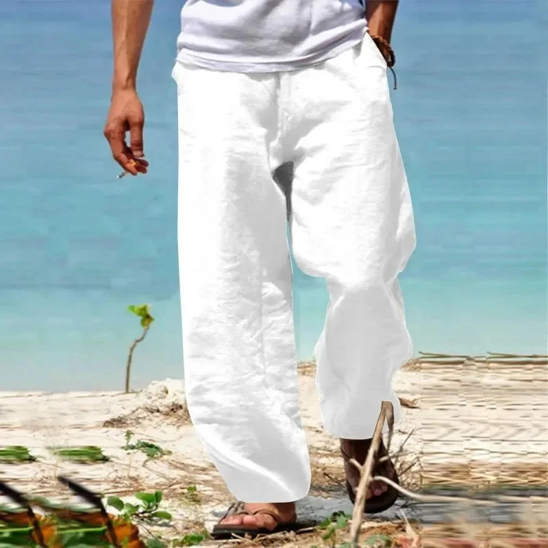 Pantalones De Lino Para Hombre | Sueltos, Ligeros Y Transpirables | Cintura Elástica Con Cordón | Ideales Para Yoga, Playa Y Vacaciones