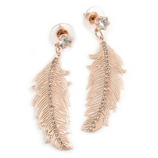 Clear Crystal Lightweight Feather Drop Earrings in Rose Gold Tone Metal - 50mm L