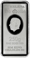 2023 10 Pound St. Helena Silver King Charles 250 gram Silver Bar BU