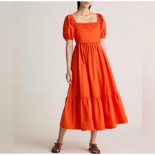 Quince Organic Cotton Orange Puff Sleeve Midi Dress Small Peasant Casual Tiered 