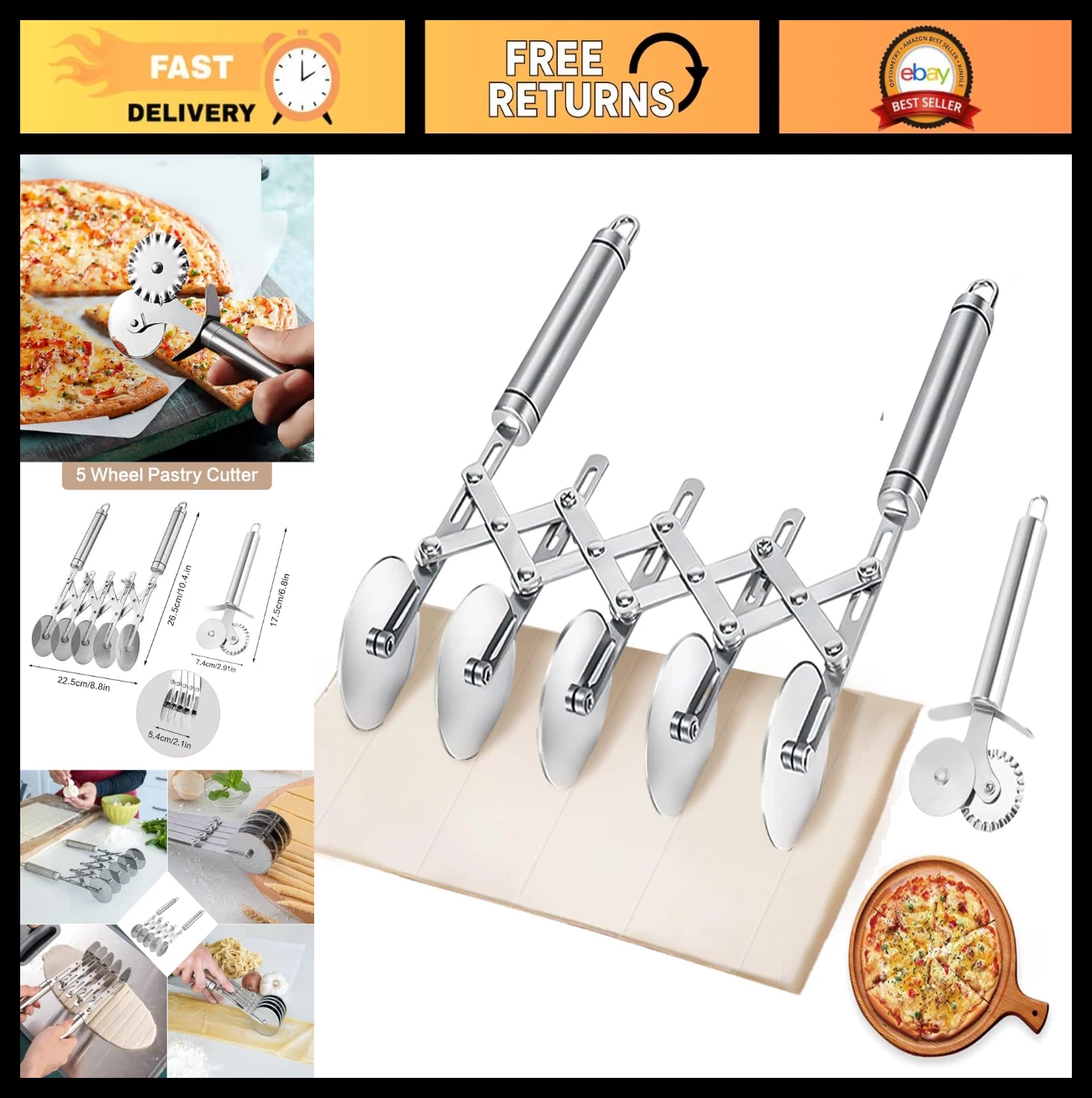 5-Wheel Pastry Cutter - Stainless Steel Dough Cutter & Ravioli Pizza Slicer, Ver
Opens in a new wind