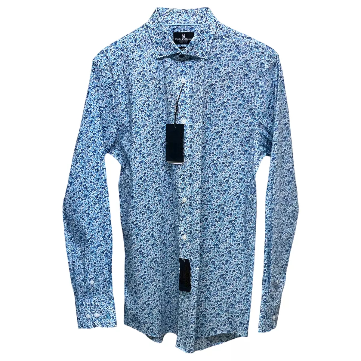 Psycho Bunny Long Sleeve Dress Shirt Blue Floral Modern Fit Stretch Non Iron 89