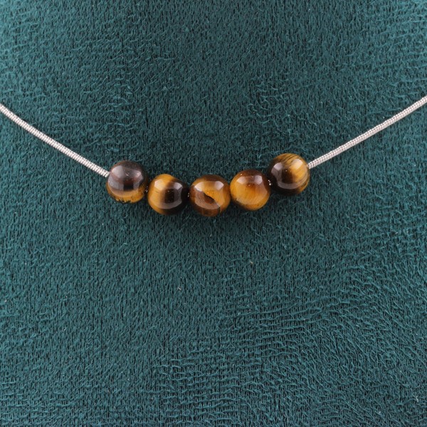 Halskette 5 Perlen Tigerauge 6 Mm. Kette Aus Edelstahl Halskette Damen-image