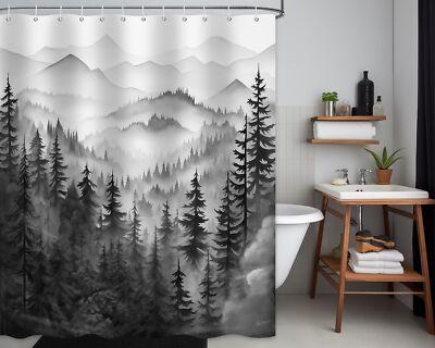 Forest Mountain Shower Curtain - Black White Pine Tree Design, Waterproof Polyester 72x78 Inch - View #2