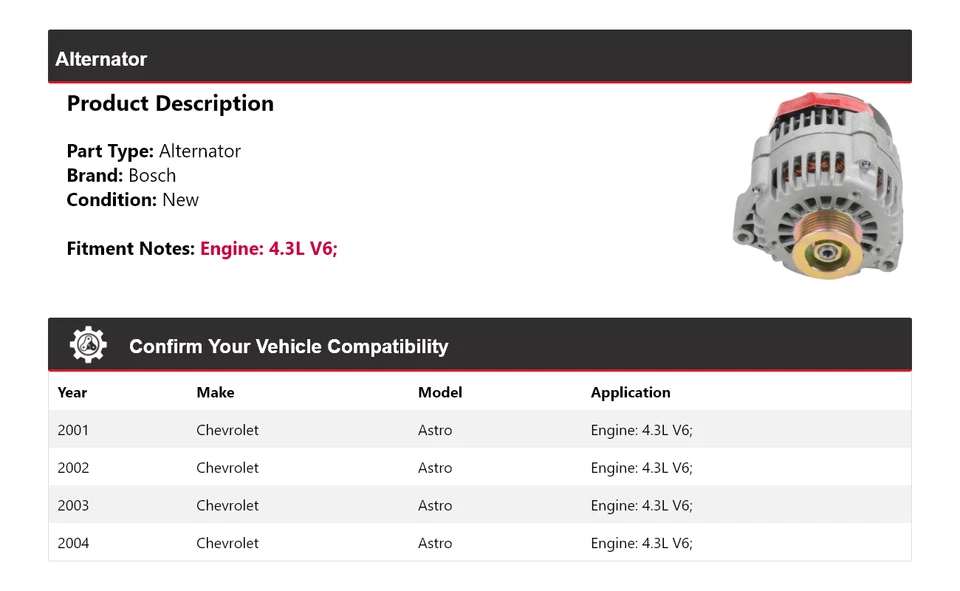 Генератор переменного тока для 2001-2004 Chevrolet Astro 4,3 л V6 Bosch (новый) 2002 2003 - Изображение 2 из 4