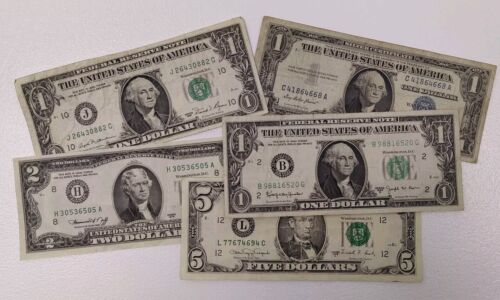 1963 B one dollar note 1988 $5 bill 1976 two dollar banknote 1957 $1 1981