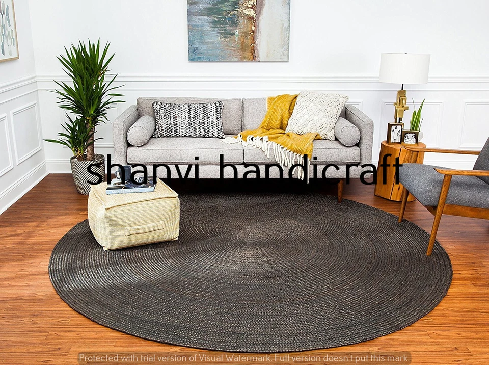Braided Round Reversible 150x150 CM Natural Black Color Jute Rug Floor Mat Decor - Image 4 of 4