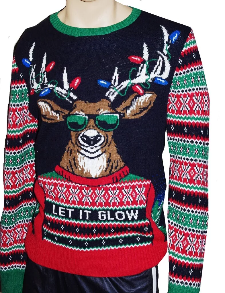 Mens Reindeer Deer Light Up Ugly Christmas Sweater Party S L XL Flashing  NEW