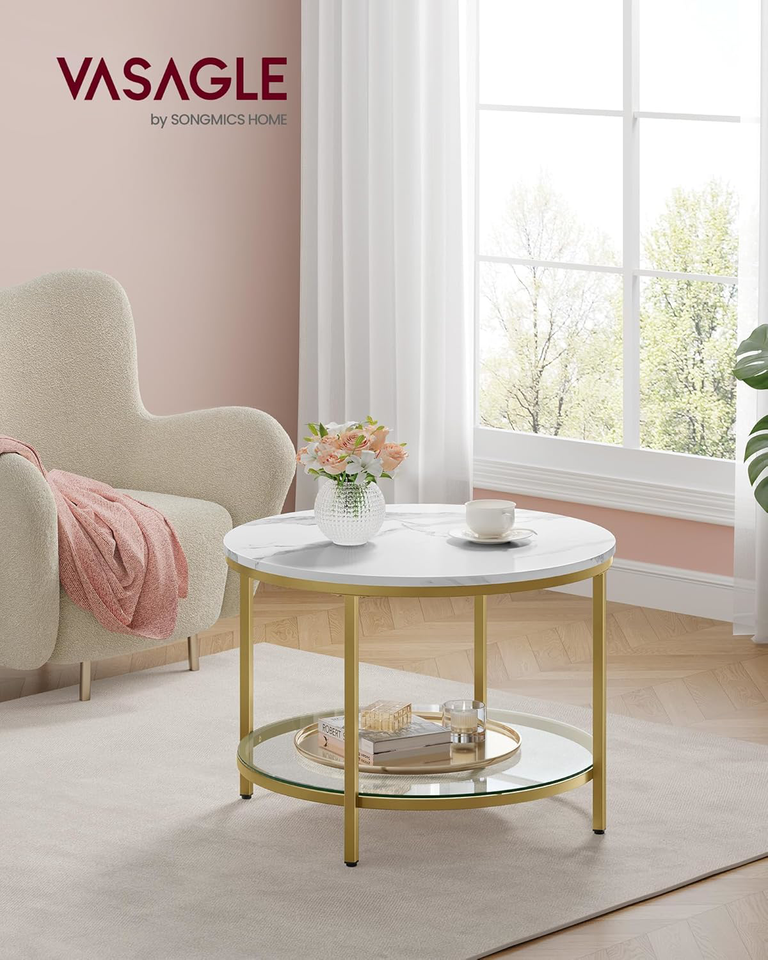 VASAGLE Round Coffee Table, Small Coffee Table with Faux Marble Top and