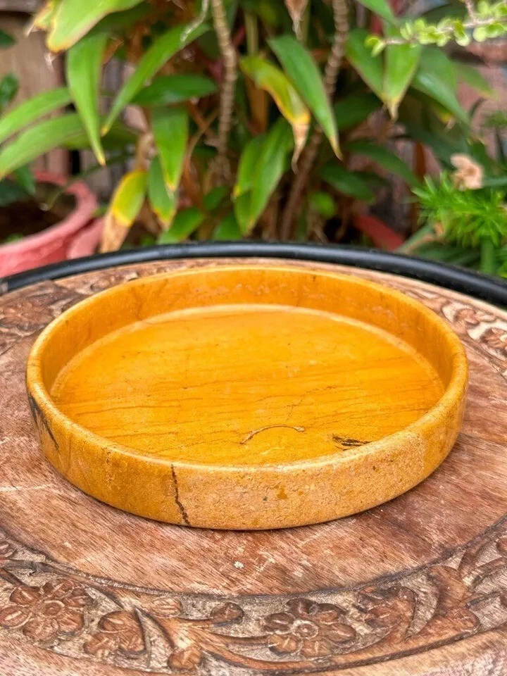 Linda placa tigela antiga esculpida à mão em pedra amarela esculpida à mão - Imagem 3 de 4