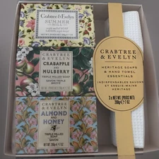 4pc Crabtree & Evelyn heritage soap & hand towel boxed gift  set new