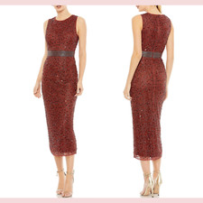 NEW $398 Mac Duggal [ 10 ] Geometric Beaded Midi Cocktail Dress in Brick #Q318