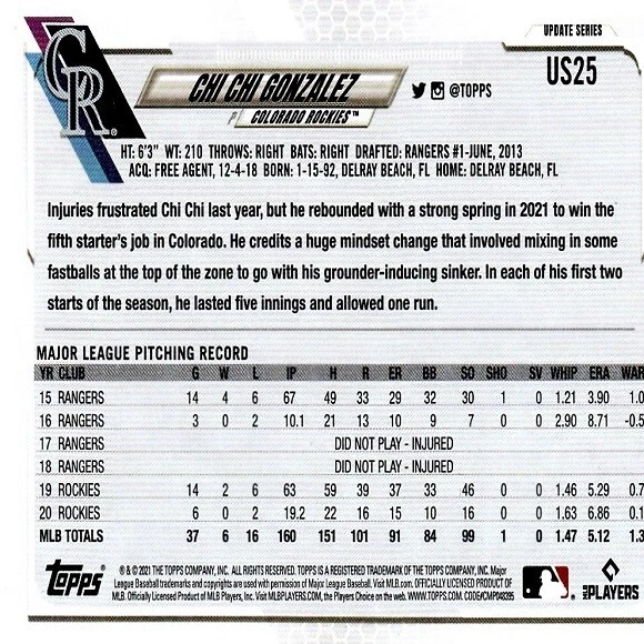 Chi Chi Gonzalez (Colorado Rockies) 2021 Topps Update Series Card - Number US25 - Image 2 of 2