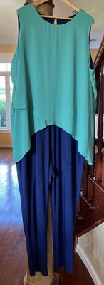 Iman Global Chic Sleeveless Jumpsuit 3X. Navy And Teal. Back Zip. New With Tag.