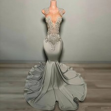 Stunning Silver Prom Dresses Back Girls Crystal Satin Party Gowns Homecoming