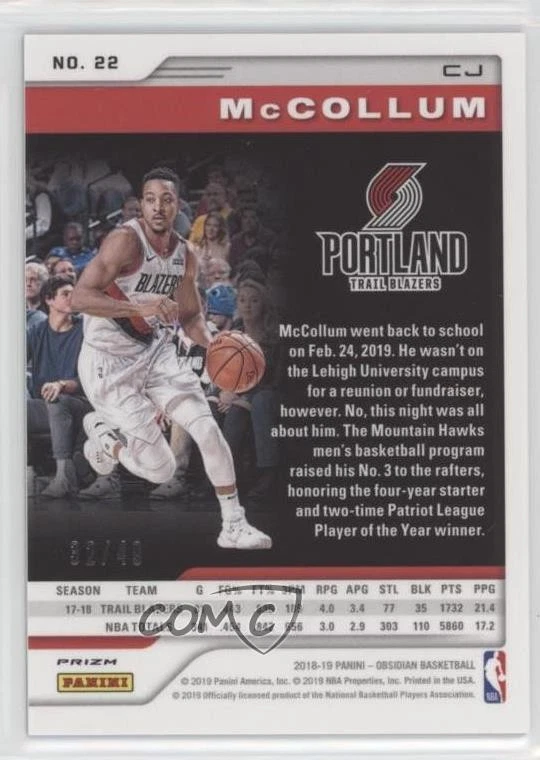2018-19 Panini Obsidian Electric Etch Purple Prizm /49 CJ McCollum #22 - Image 2 of 2
