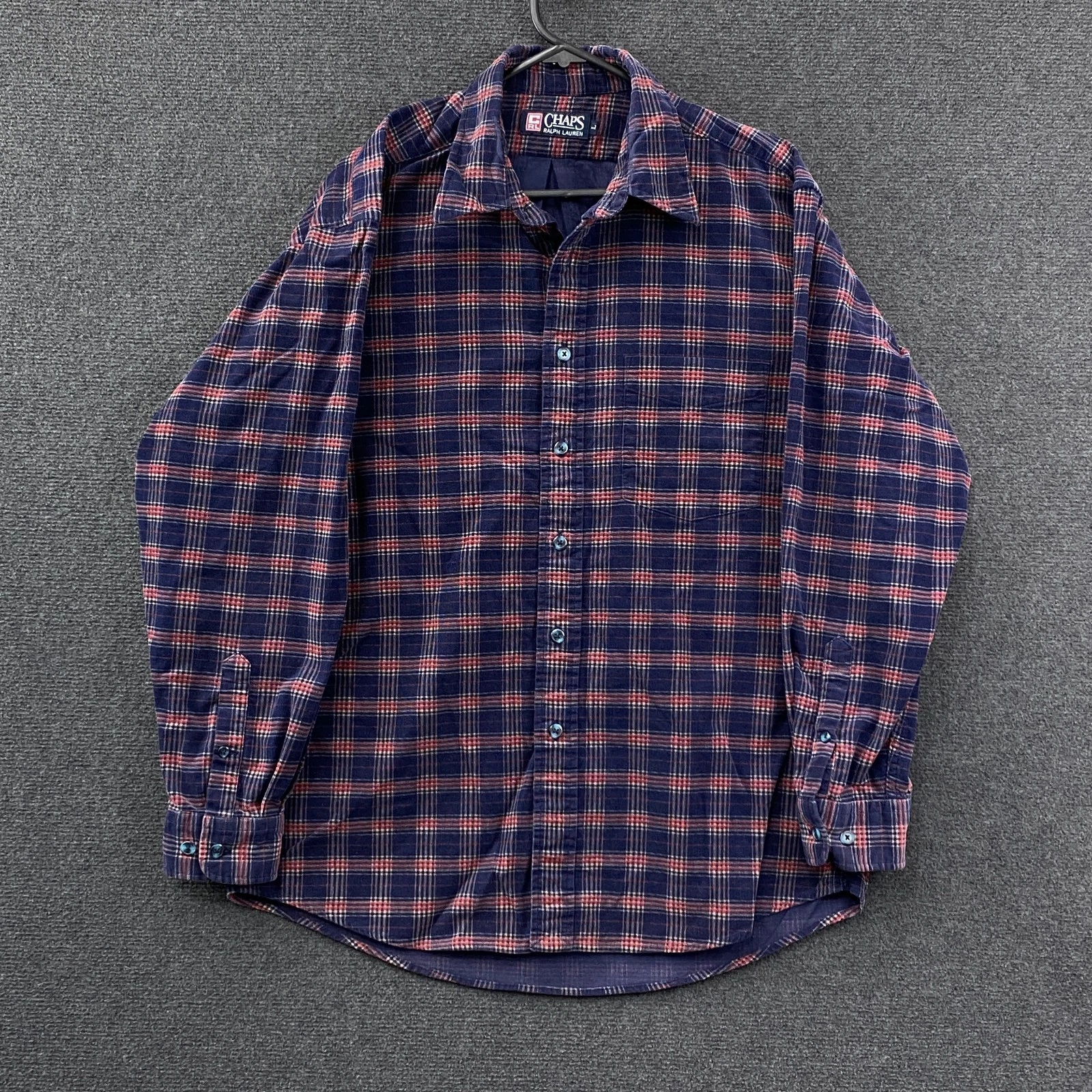 VTG Chaps Ralph Lauren Mens L Button Up Shirt Navy Red Plaid Corduroy Japan
Opens in a new window or