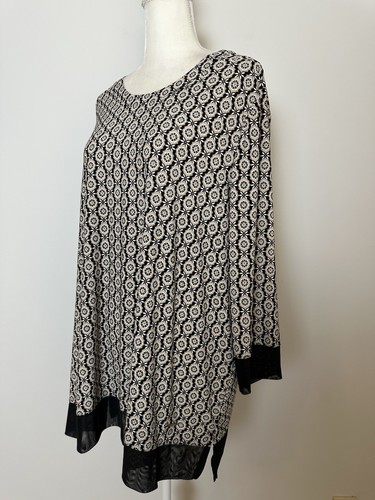 Anne Klein Women Tunic Blouse Size 2X Beige Black Floral Scoop Neck 3/4 Sleeves - Picture 3 of 12