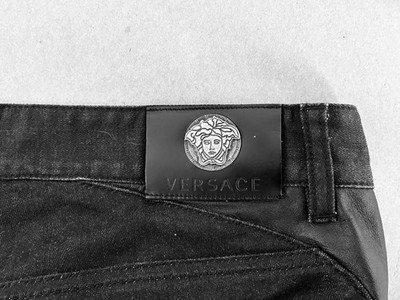 Men's Versace Jeans Couture Black Moto Jeans Real Leather Sides Size 34 Italy
