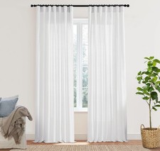 White Linen Curtains 102 Inches Long 2 Panels Back Tab Hook Pleated Rod Pocke...