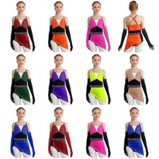 Girls Dress Jazz Outfits Competitions Dancewear With Gloves Skirted Samba Dance
