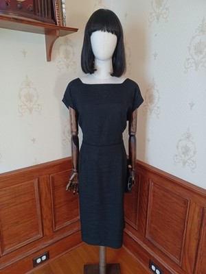 ebay black cocktail dress Vintage Mid-century Slubbed Black Cotton Little Black Cocktail Dress, size  XL