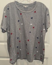 Lucky Brand Womens Stars Tee T-shirt Shirt Top Gray Sz 1X Embroidery Red Blue