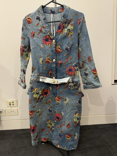 Sz M Exquisite print slim fit long denim dress
