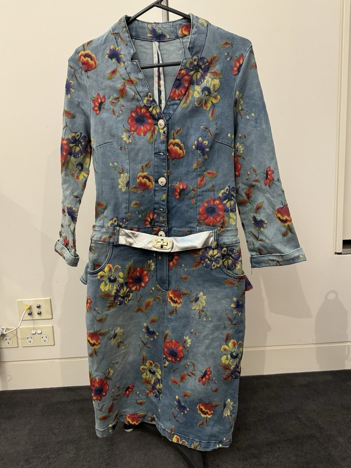 Sz M Exquisite print slim fit long denim dress