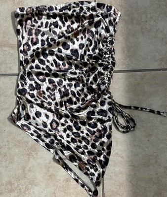 Women s Leopard Print Satin Asymmetric Mini Skirt High Rise Drawstring Size S