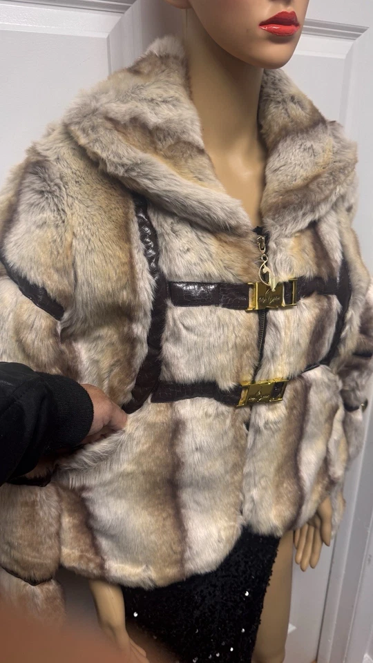 Abrigo Chaqueta Baby Phat Imitación Piel Cálida Mujer Talla XL Estampado Animal Marrón Corto Foto 3 de 4