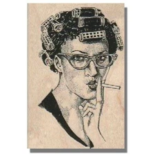 Mounted Rubber Stamp, SMOKING LADY, Woman, Retro, Humor,Glasses,Hair, Lips,Funny