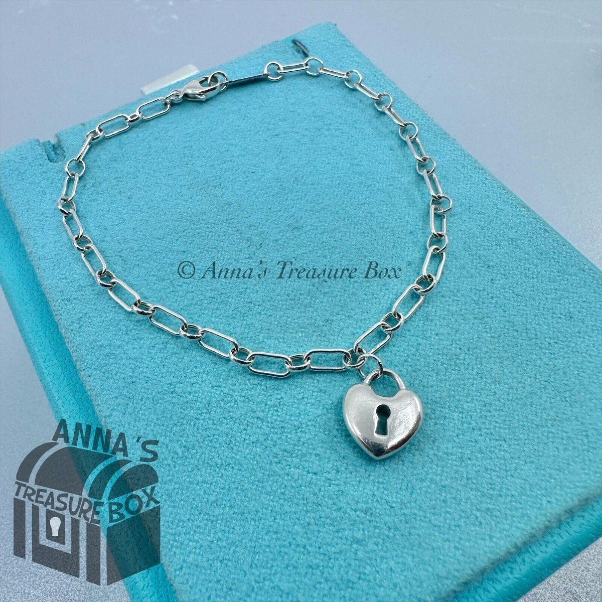 Tiffany Co. 925 Silver Heart Lock Love Locket 7 Oval Link Bracelet pouch