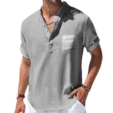 Men's Summer Casual Linen Shirt Breathable Pocket Style Summer Beach Trendy Gift