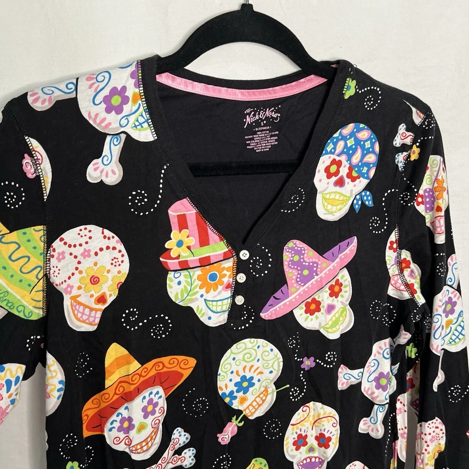 NUEVO CON ETIQUETAS CAMISÓN NICK & NORA DÍA DE LOS MUERTOS CALAVERA DE AZÚCAR DÍA DE MUERTOS PEQUEÑO RARO Foto 3 de 4