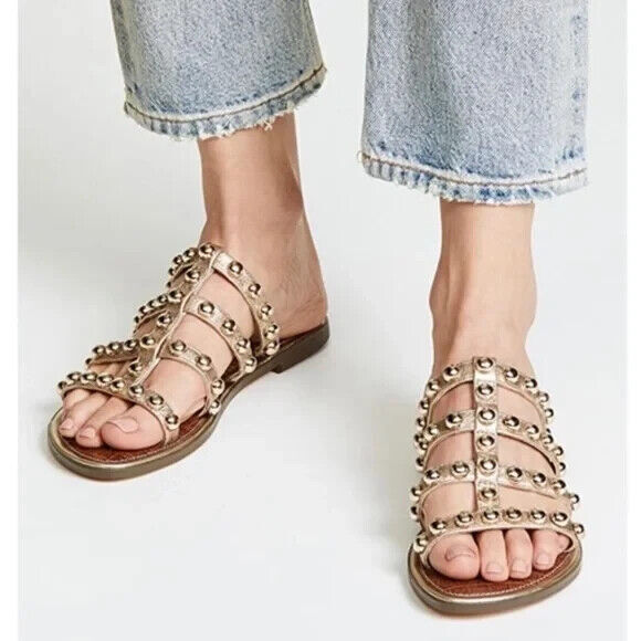 Sam Edelman Glenn Sandal Slide Studded Leather Gold Open Toe Slip