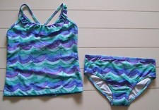 Girls Oshkosh B'Gosh 2 Pc Blue Purple Green Glitter Dot Tankini Swimsuit Sz 10