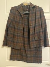 PENDLETON Shirt SKIRT Set Brown PLAID 100  Wool VTG Sz 14 Modern 4 S Pencil