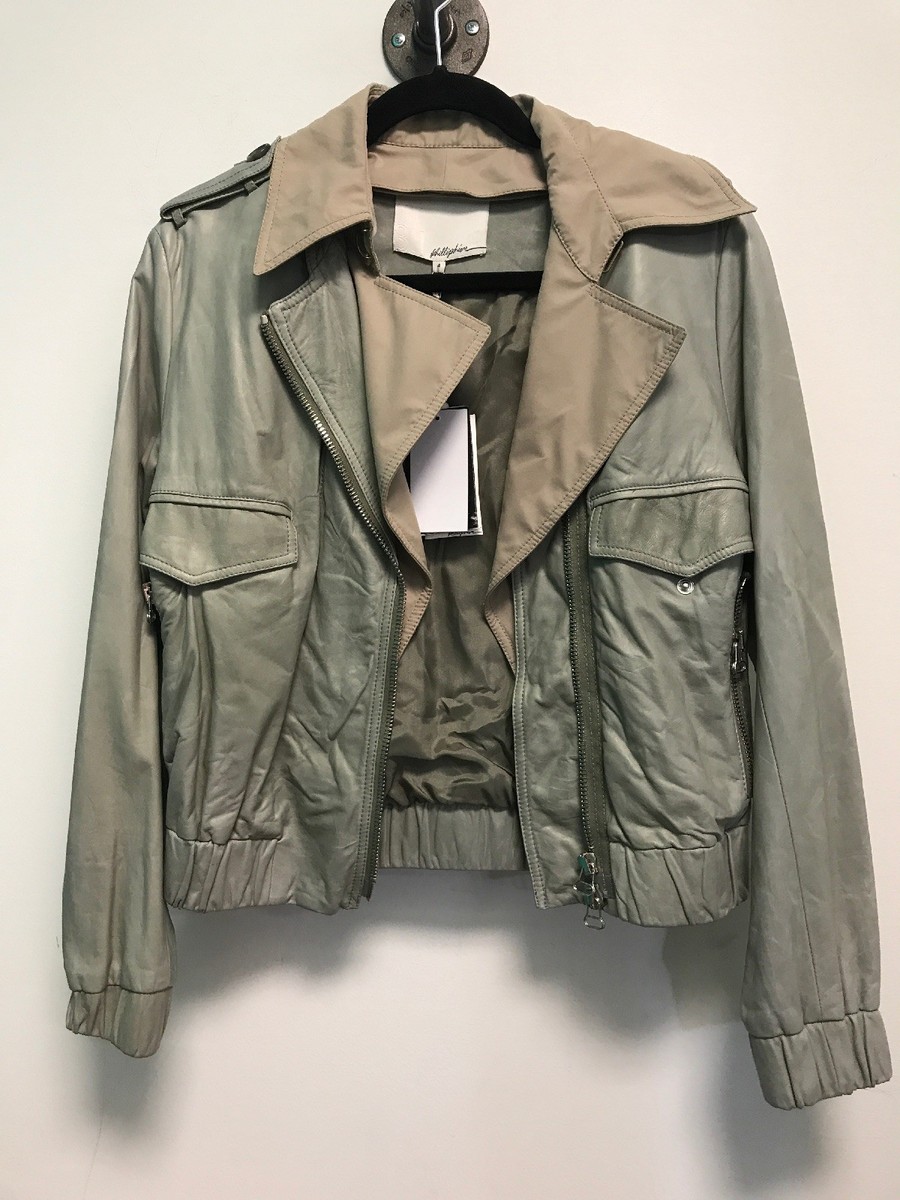 3.1 Phillip Lim Spruce 2 Tone Leather Bomber Jacket Coat Women 