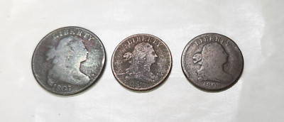 3 Coin Lot - 1/2 C (2) & Lg Cent (1) - 1806 & '08 1/2 and '07 1C - Varieties