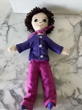 Vintage handmade 16" brown hair purple & pink pantsuit faux pearl scarf rag doll