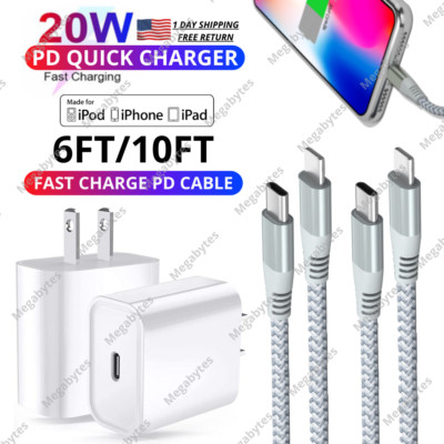 20W PD Wall Adapter For iPhone 14 13 12 11 Pro Max XR Fast Charger Type C Cable