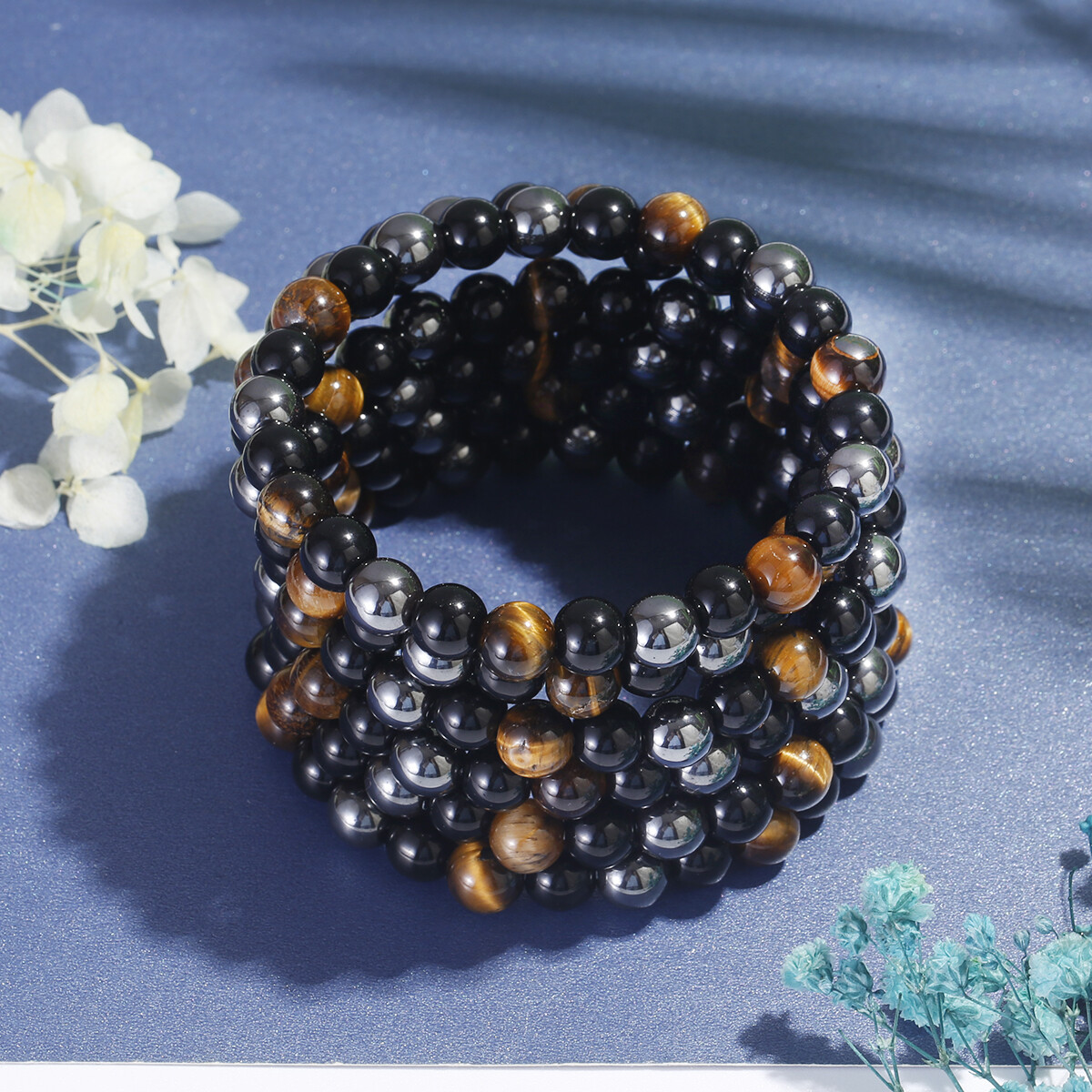 4 Bracciali Reiki In Pietre Naturali: Occhio Di Tigre, Ossidiana Ed Ematite, Regolabili, DouVei, Porta Fortuna - Foto 3