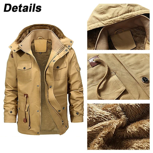 Abrigo parka forrado de lana para hombre con capucha cremallera invierno térmico cálido chaqueta militar Prendas para el torso - Imagen 9 de 20