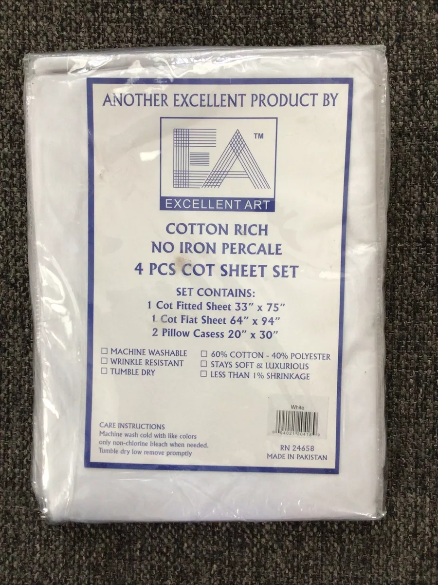 New Cot Sheets Fitted Flat Set 4 Piece Cot Sheet Pillow Case Set White